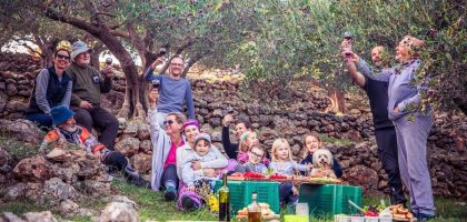 A joyful family gathering in an olive grove enjoying a picnic with wine toasts.